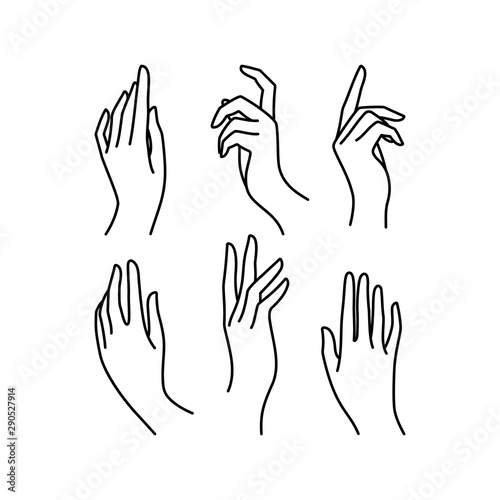 Woman's hand icon collection line. Vector Illustration of Elegant female hands of different gestures.