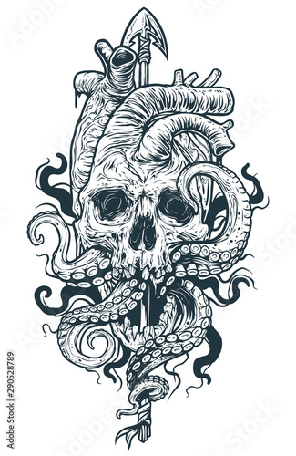 Graphic black and white detailed realistic human heart shaped skull with octopus tentacles on metal spear. Isolated on white background. Tattoo outline. Vector icon.