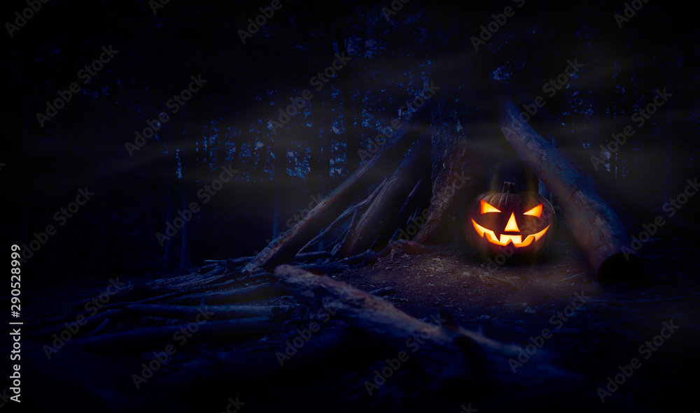 A single halloween Jack O Lantern hiding in a wood shelter, campsite on the forest floor on the right side of frame with space for text on the left. - obrazy, fototapety, plakaty 