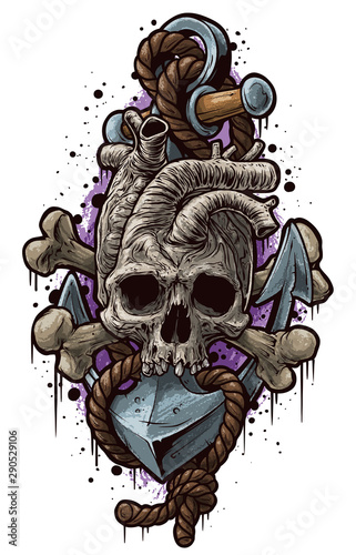 Cartoon colorful graphic detailed realistic human heart shaped skull with rope and anchor. Isolated on white background. Tattoo outline. Vector icon.