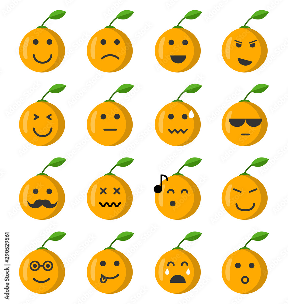 Emoji orange set. Orange icons on the white background. Flat cartoon style. Vector illustration.