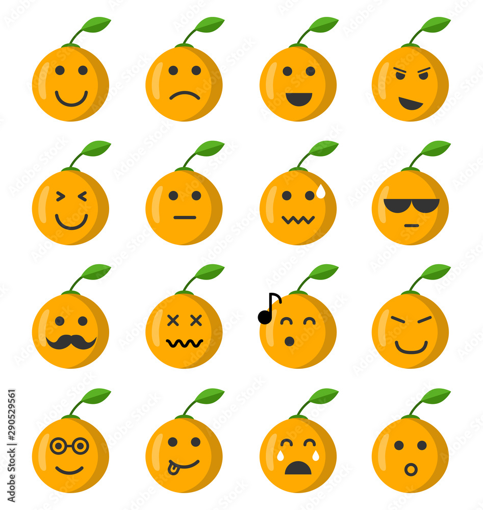 Obraz premium Emoji orange set. Orange icons on the white background. Flat cartoon style. Vector illustration.