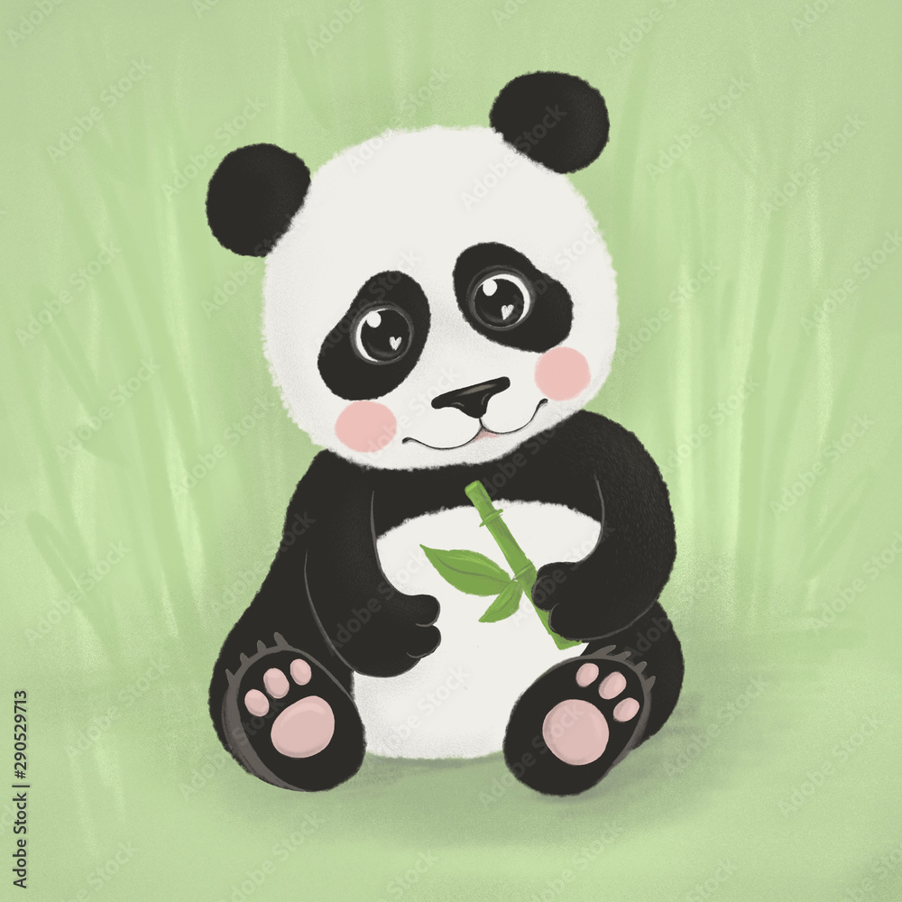 A cute and charming bear panda sits and holds a bamboo branch in its paws A cute and charming bear panda sits and holds a bamboo branch in its paws