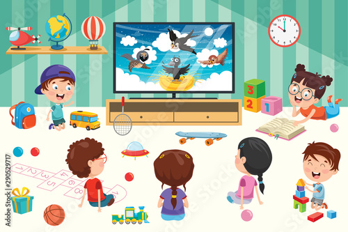 Children Watching Television In Aroom