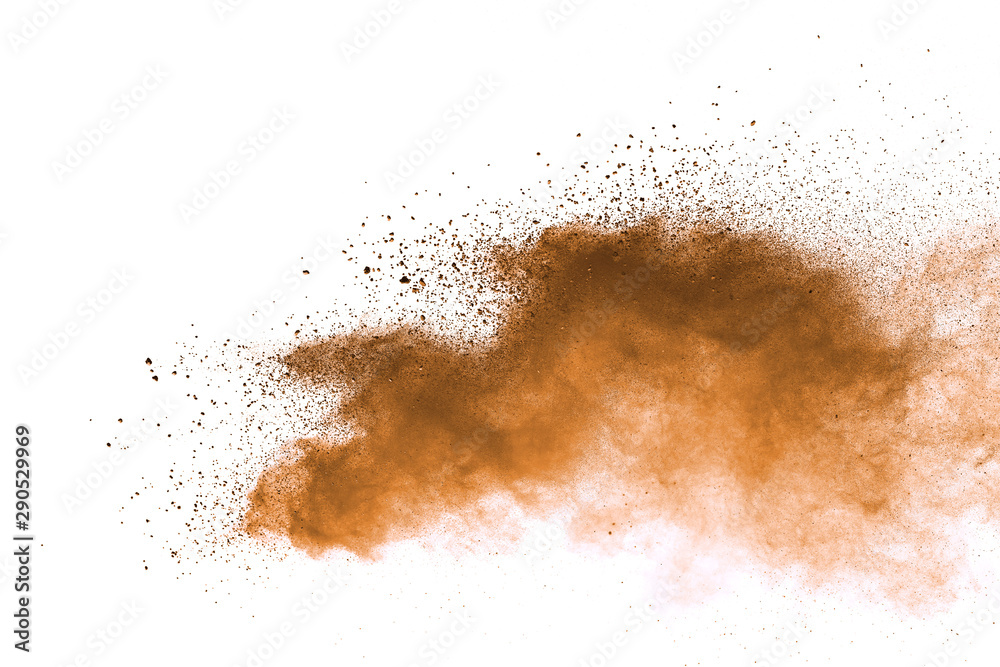 Explosion of brown powder on white background. Explosion of brown powder on white background.