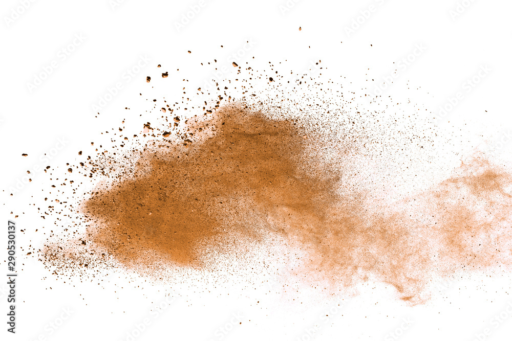 Explosion of brown powder on white background. 