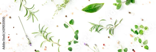 Panel kuchenny z motywem Culinary herbs and spices, shot from above on a white background, cooking pattern, a flat lay panorama
