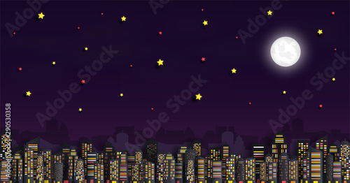 Vector paper cut. and the panorama view. and a house or village.and Cityscape with Group of Skyscrapers in the night. and Template for tourism and Journey. And origami style design. and an background.