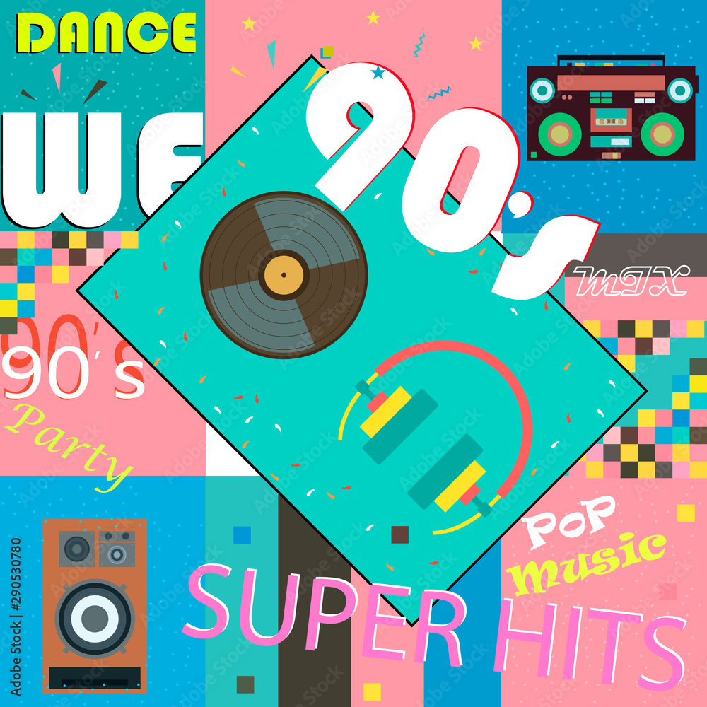 Obraz premium Retro-style club, background, fashion, pop music of the 90's and 80's, the old night. Easy editable design for Memphis posters. Flat style. Vector illustration