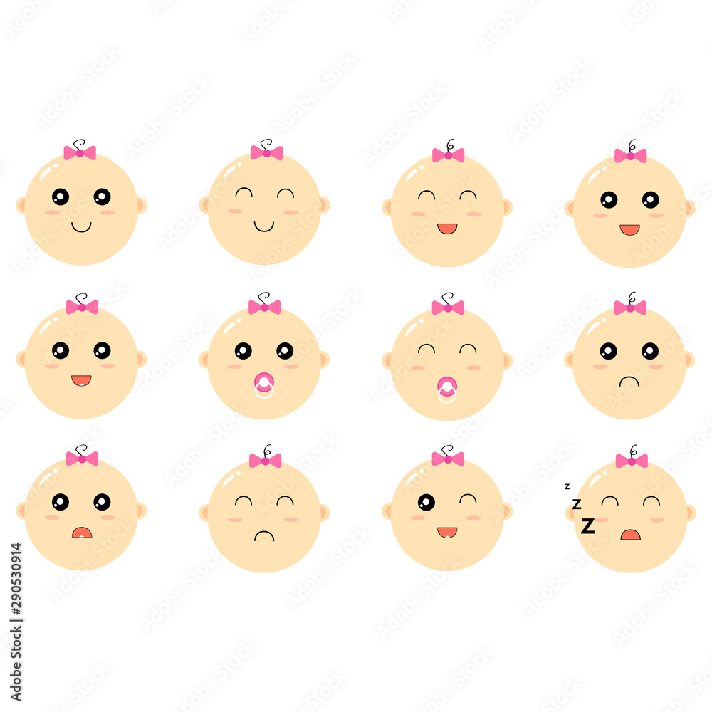 Children's vector. Little girls with different emotions on the face. Cute children with a smiling, laughing, disappointed, displeased and sleeping face. Flat style. Vector illustration Children's vector. Little girls with different emotions on the face. Cute children with a smiling, laughing, disappointed, displeased and sleeping face. Flat style. Vector illustration
