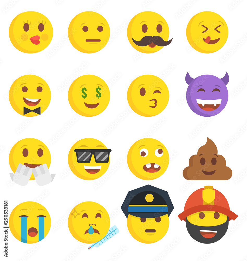 High quality collection of 16 icon of cartoon emoji. Flat vector illustration. High quality collection of 16 icon of cartoon emoji. Flat vector illustration.