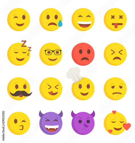 High quality collection of 16 icon of cartoon emoji. Flat vector illustration. © Art Alex