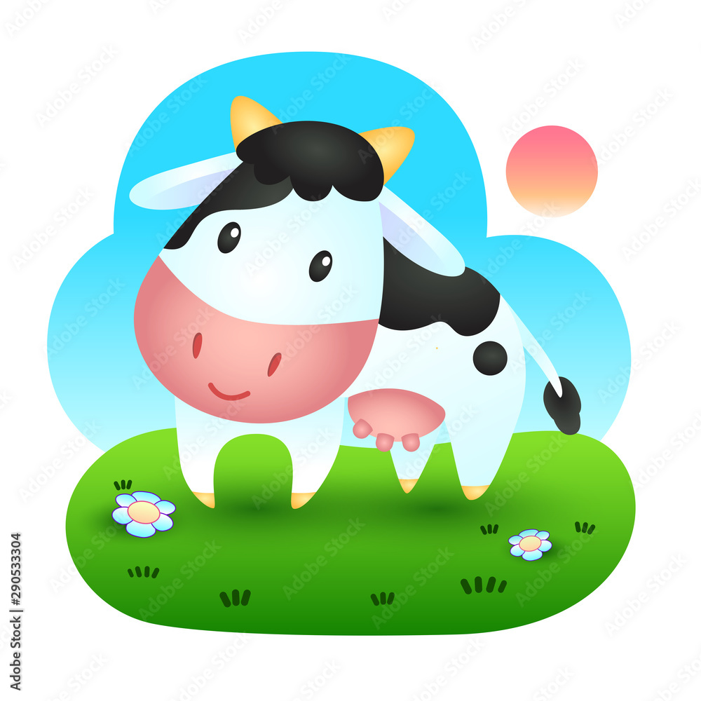 Obraz premium Cute cow cartoon in the meadow, Animal alphabet.