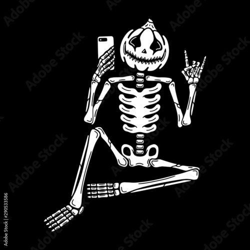Halloween pumpkin skeleton on black background
