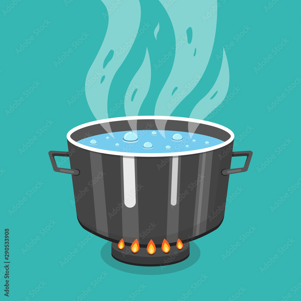 Boiling water in pan. Cooking pot on stove with water and steam. Flat  cartoon style. Vector illustration. Stock Vector