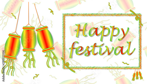 A poster for a festival or carnival wishing mexican-style happiness. Oriental style banner for carnival celebration. Flashlights and castanets on a greeting card. Vector EPS10.