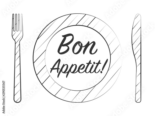 Dinner plate with knife and fork. Bon Appetit Design card. Vector illustration.