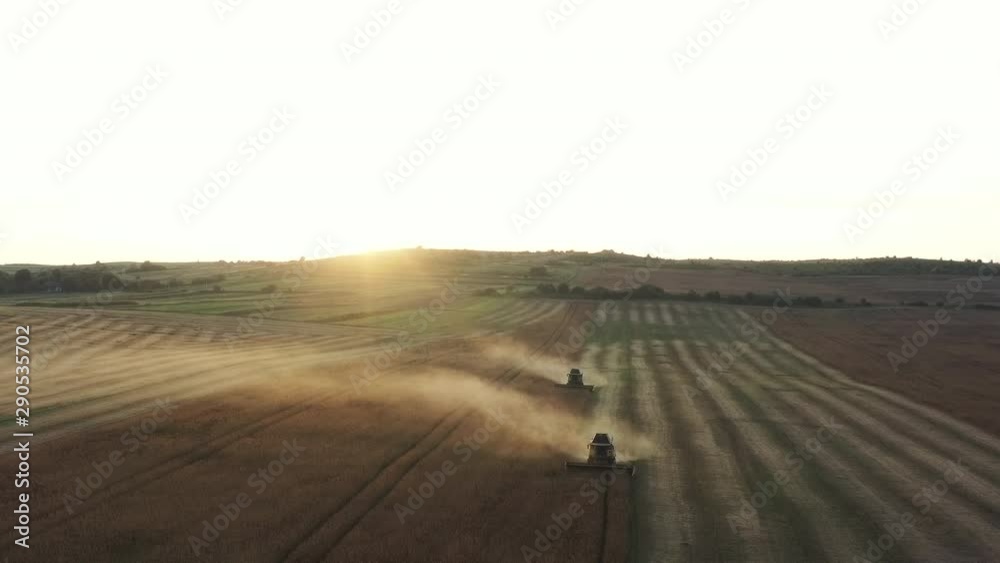Agriculture and harvest, farm machinery in dust working on soybean field Agriculture and harvest, farm machinery in dust working on soybean field