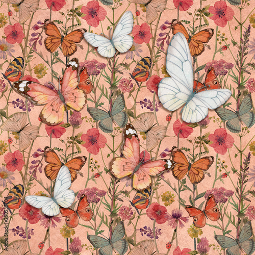olden seamless texture with butterflies in meadow flowers on shabby grunge background. watercolor painting