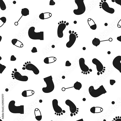 Seamless pattern print foot and baby toy silhouette. 