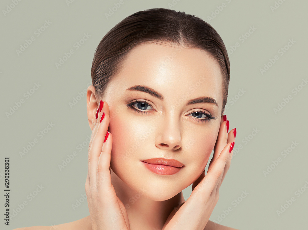 Beautiful woman face healthy skin manicure nails natural makeup beauty cosmetic concept Beautiful woman face healthy skin manicure nails natural makeup beauty cosmetic concept