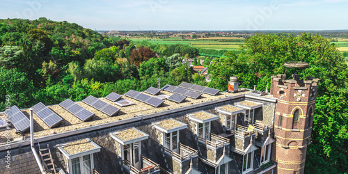 Roof of a church with solar panels