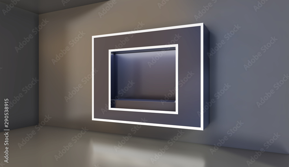 Shop exterior with large empty showcase. Mock up. 3d rendering. Shop exterior with large empty showcase. Mock up. 3d rendering.