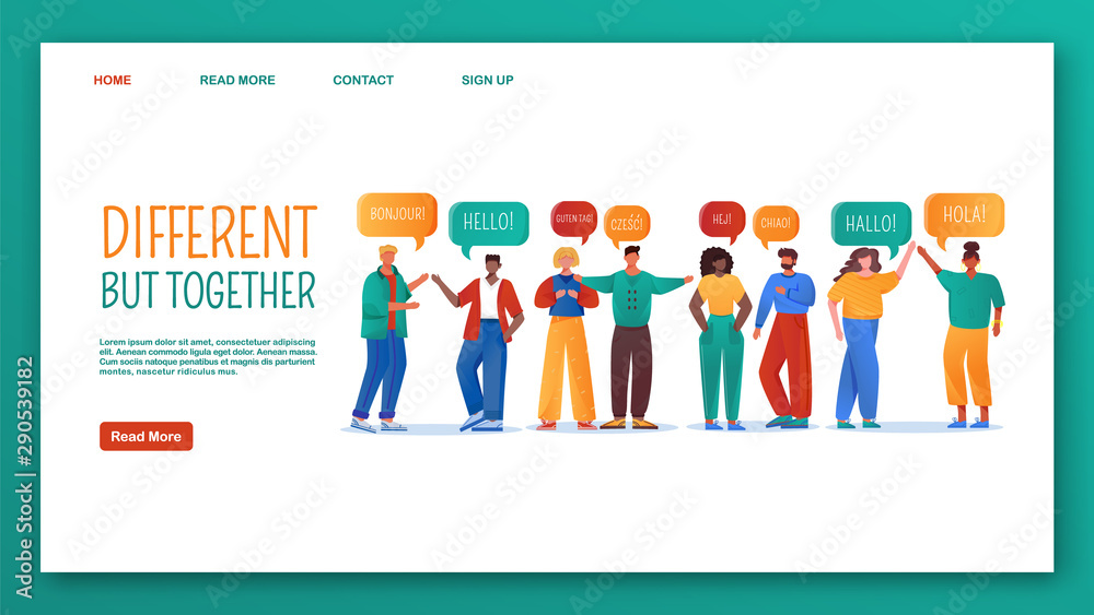 Different but together landing page vector template. Multinational group website interface, flat illustrations. Unity in diversity homepage layout. Multicultural relationships webpage cartoon concept