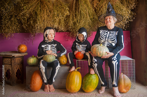 elderly witch grandmother is sitting in barn with her grandchildren. Children and old woman are dressed in skeleton costumes. Halloween eve with pumpkins in hands © galitsin