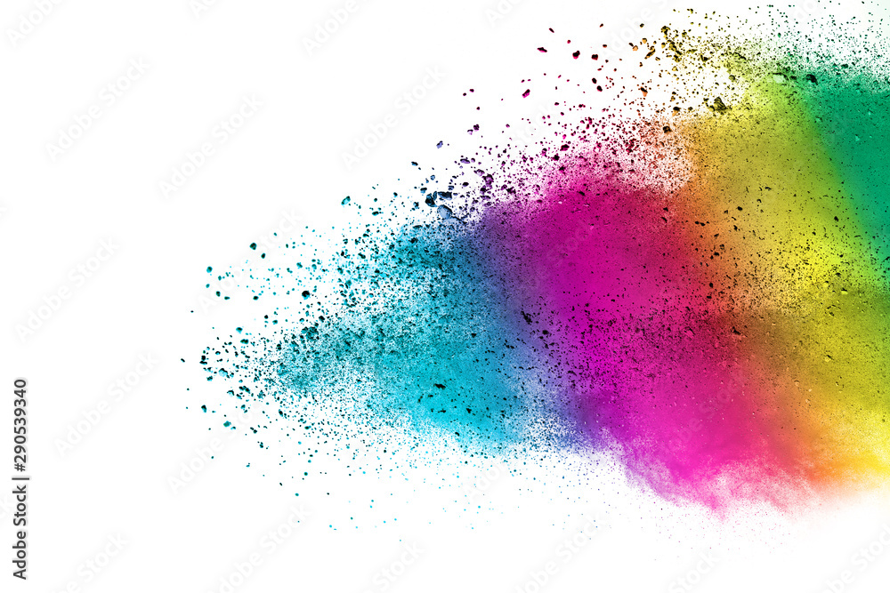 Freeze motion of colorful color powder exploding on white background.  Paint Holi. - obrazy, fototapety, plakaty 