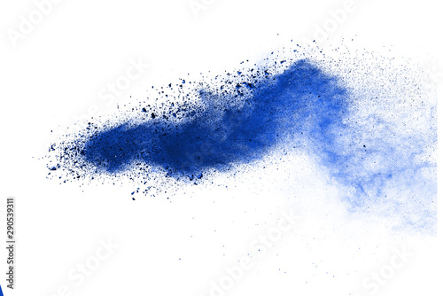 Abstract blue powder explosion isolated on white background.