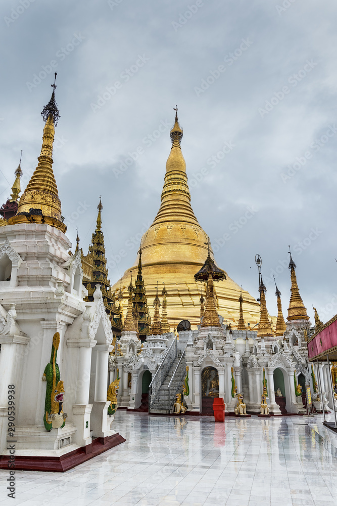 Shwedagon pagoda in a rainy day.  Yangon, Rangoon, Burma, Mianmar.