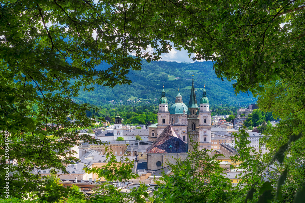 Blick durch grünes Laub auf die Altstadt von Salzburg