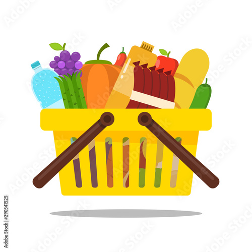 Shopping basket with two handle. Food and drink products in basket. Concept for online grocery ordering. Vector flat illustration.
