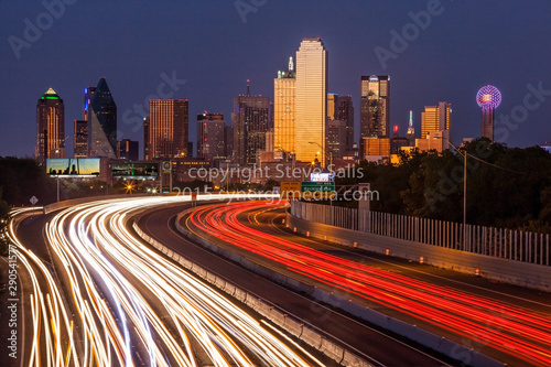 Dallas skyline with traffic trails