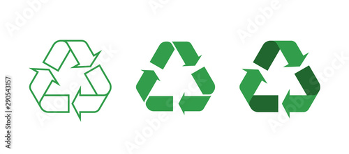 Three green recycling symbol icons set