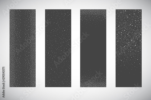 Vertical winter, New Year, Christmas banners design set. Falling snow, snowflakes, flakes borders, hand drawn dot frames. Splash, uneven spots, spray texture, pearls dotty backgrounds collection. 