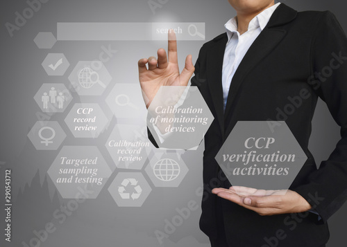 Businesswoman with presentation element of CCP verification activities for use in company, manufacturing and training. photo