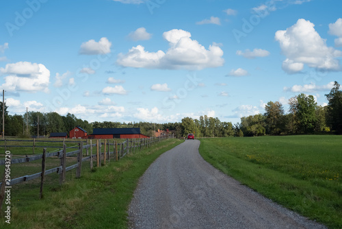 A rural road to a old red wooden farm in Sweden. © Volha Krayeva