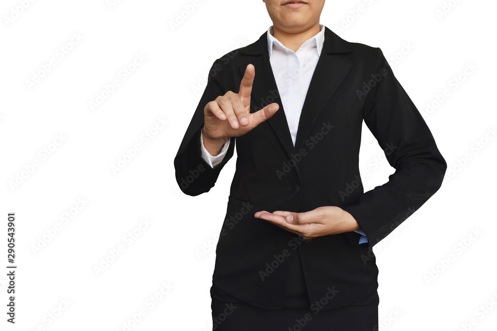 Business woman with hand showing blank sign isolated on white background. Business woman with hand showing blank sign isolated on white background.