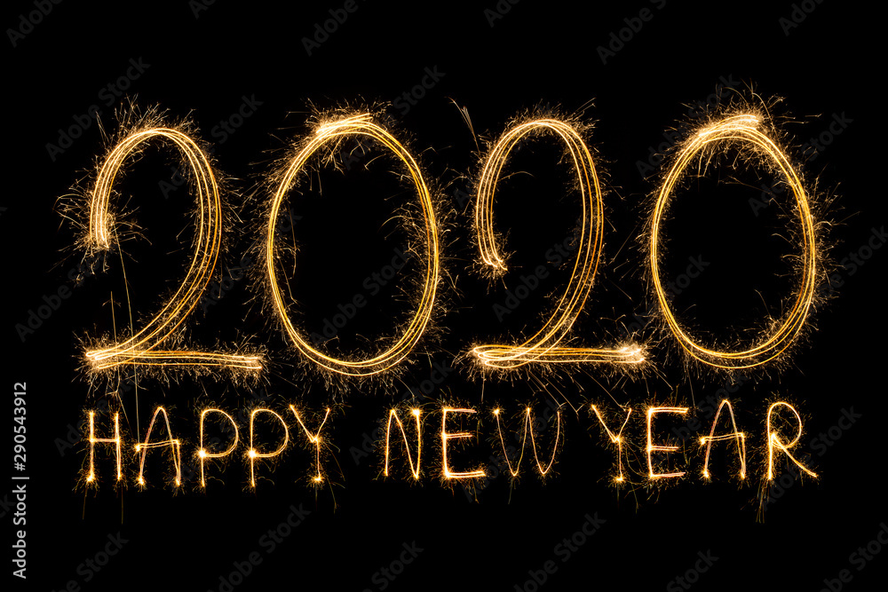 Happy New Year 2020. Creative text Happy New Year 2020 written sparkling sparklers isolated on black background for design,Merry Christmas Happy New Year 2020. Creative text Happy New Year 2020 written sparkling sparklers isolated on black background for design,Merry Christmas