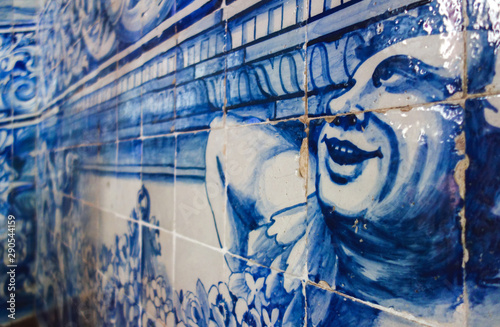 SINTRA, LISBON, PORTUGAL. June 2, 2018: Mosaic of painted tiles in the National Palace of Sintra.