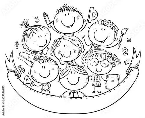 Happy schoolkids with a copy space, black and white cartoon illustration