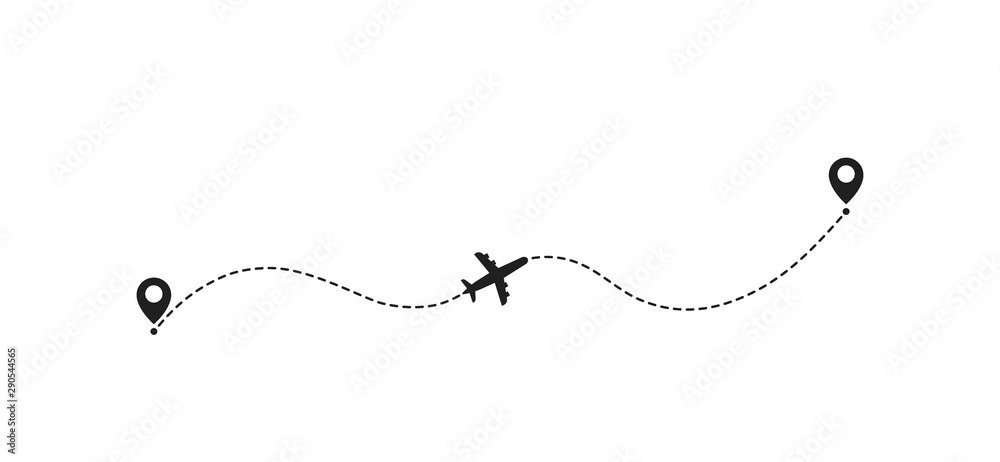 Airplane travel concept with map pins, GPS points. Flight start point concept or theme. Aircrafts and map pointer symbols vector illustration Airplane travel concept with map pins, GPS points. Flight start point concept or theme. Aircrafts and map pointer symbols vector illustration
