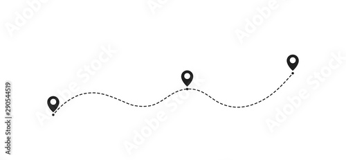 Route location icon, two pin sign and dotted line road, start and end journey symbol