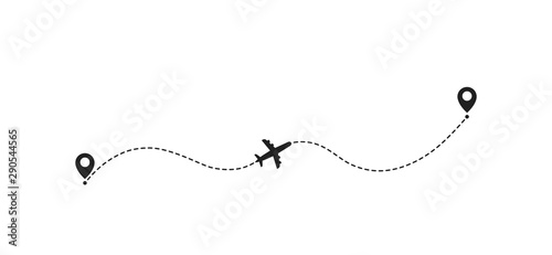 Airplane travel concept with map pins, GPS points. Flight start point concept or theme. Aircrafts and map pointer symbols vector illustration