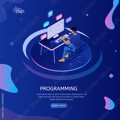 Programmer isometric character. Programming concept, web engineer at work.