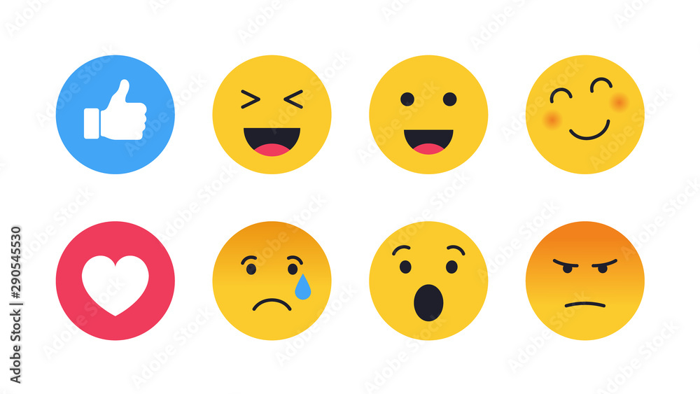 Set of cute smiley emoticons. Emoji set with different reactions for social network. Modern vector illustration