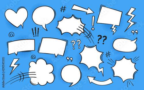 Comic book text speech bubble in pop art style with halftone and lightning bolts. Talk chat retro speak message. Empty white blank comment