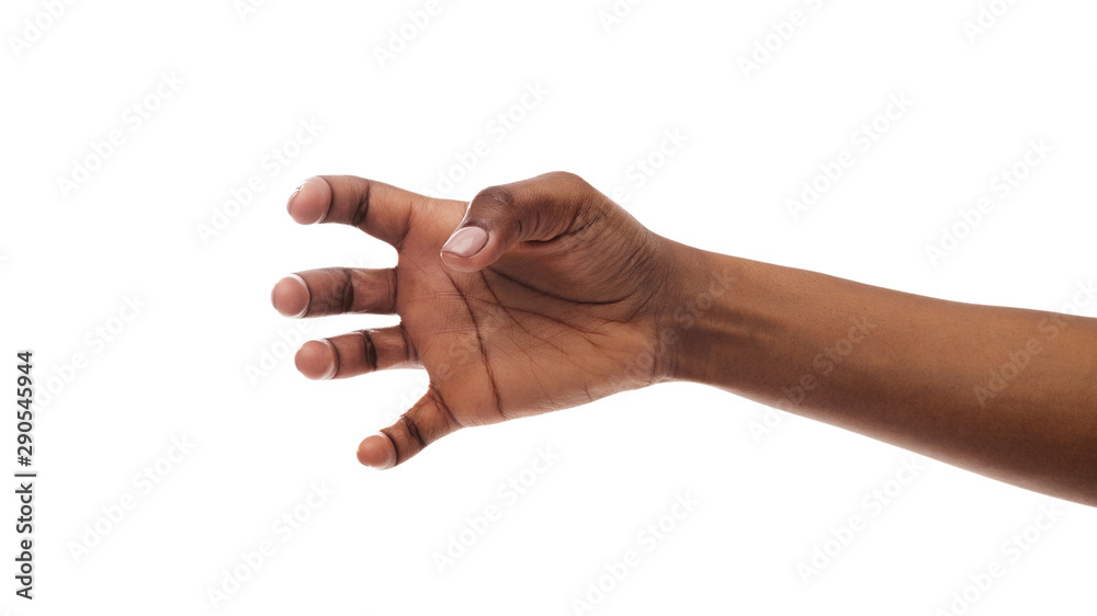 Afro woman's hand grabbing something invisible on white background Afro woman's hand grabbing something invisible on white background